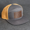 Leather Patch Flat Bill 7 Panel Trucker Hat - Mountains Stamp
