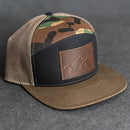 Leather Patch Flat Bill 7 Panel Trucker Hat - Mountains Stamp