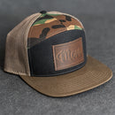 Leather Patch Flat Bill 7 Panel Trucker Hat - Mom Cursive Stamp