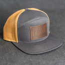 Leather Patch Flat Bill 7 Panel Trucker Hat - Bride or Groom (block) Stamp