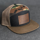 Leather Patch Flat Bill 7 Panel Trucker Hat - Bride or Groom (block) Stamp