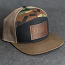 Leather Patch Flat Bill 7 Panel Trucker Hat - Bride or Groom (block) Stamp