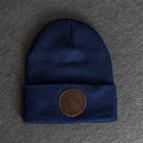Beanie with Leather Patch Attached - Wolf (Circle) Stamp
