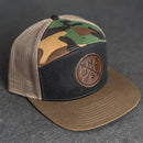 Leather Patch Flat Bill 7 Panel Trucker Hat - Compass Rose Stamp