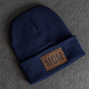 Beanie with Leather Patch Attached - Mom Stamp - Block Font