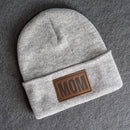 Beanie with Leather Patch Attached - Mom Stamp - Block Font