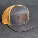 Leather Patch Flat Bill 7 Panel Trucker Hat - Ox & Pine Logo Stamp