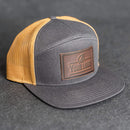 Your Logo on a Leather Patch Flat Bill 7 Panel Trucker Hat