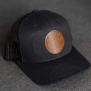 Leather Patch Trucker Style Hat - Circle Patch - Floral Stamp