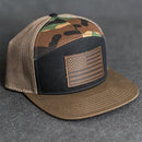 Leather Patch Flat Bill 7 Panel Trucker Hat - American Flag Stamp