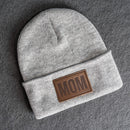 Beanie with Leather Patch Attached - Mom Stamp - Block Font