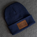 Beanie with Leather Patch Attached - Mom Stamp - Block Font