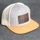 Leather Patch Flat Bill Trucker Hat - Pine Trees Stamp