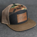 Leather Patch Flat Bill 7 Panel Trucker Hat - Mom Cursive Stamp