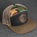 Leather Patch Flat Bill 7 Panel Trucker Hat - Circle Patch - Fish Stamp