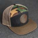 Leather Patch Flat Bill 7 Panel Trucker Hat - Circle Patch - Floral Stamp