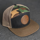 Leather Patch Flat Bill 7 Panel Trucker Hat - Circle Patch - Floral Stamp