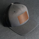 Gray cap with brown leather American flag patch