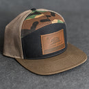 Leather Patch Flat Bill 7 Panel Trucker Hat - California Flag Stamp