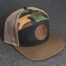 Leather Patch Flat Bill 7 Panel Trucker Hat - Ox & Pine Logo Stamp - Circle