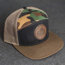 Your Logo on a Leather Patch Flat Bill 7 Panel Trucker Hat - Circle Patch