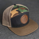 Your Logo on a Leather Patch Flat Bill 7 Panel Trucker Hat - Circle Patch