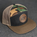 Leather Patch Flat Bill 7 Panel Trucker Hat - Bear Stamp