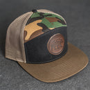 Leather Patch Flat Bill 7 Panel Trucker Hat - Bear Stamp