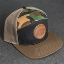 Leather Patch Flat Bill 7 Panel Trucker Hat - Bear Stamp