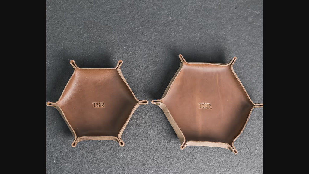 Custom Engraved Leather Dice Tray – Hexagon